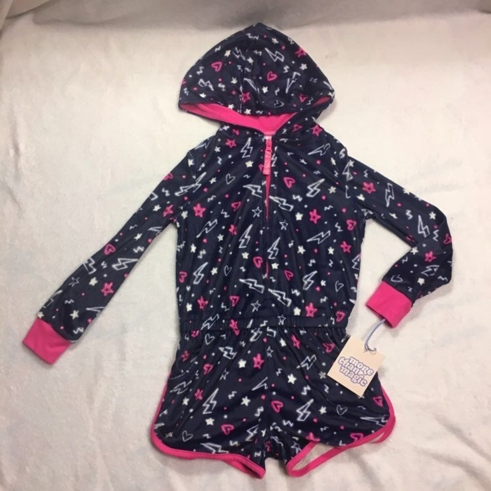More Than Magic Hooded Romper Kids XS 4/5 Navy Blue NWT Fleece Lightning Stars